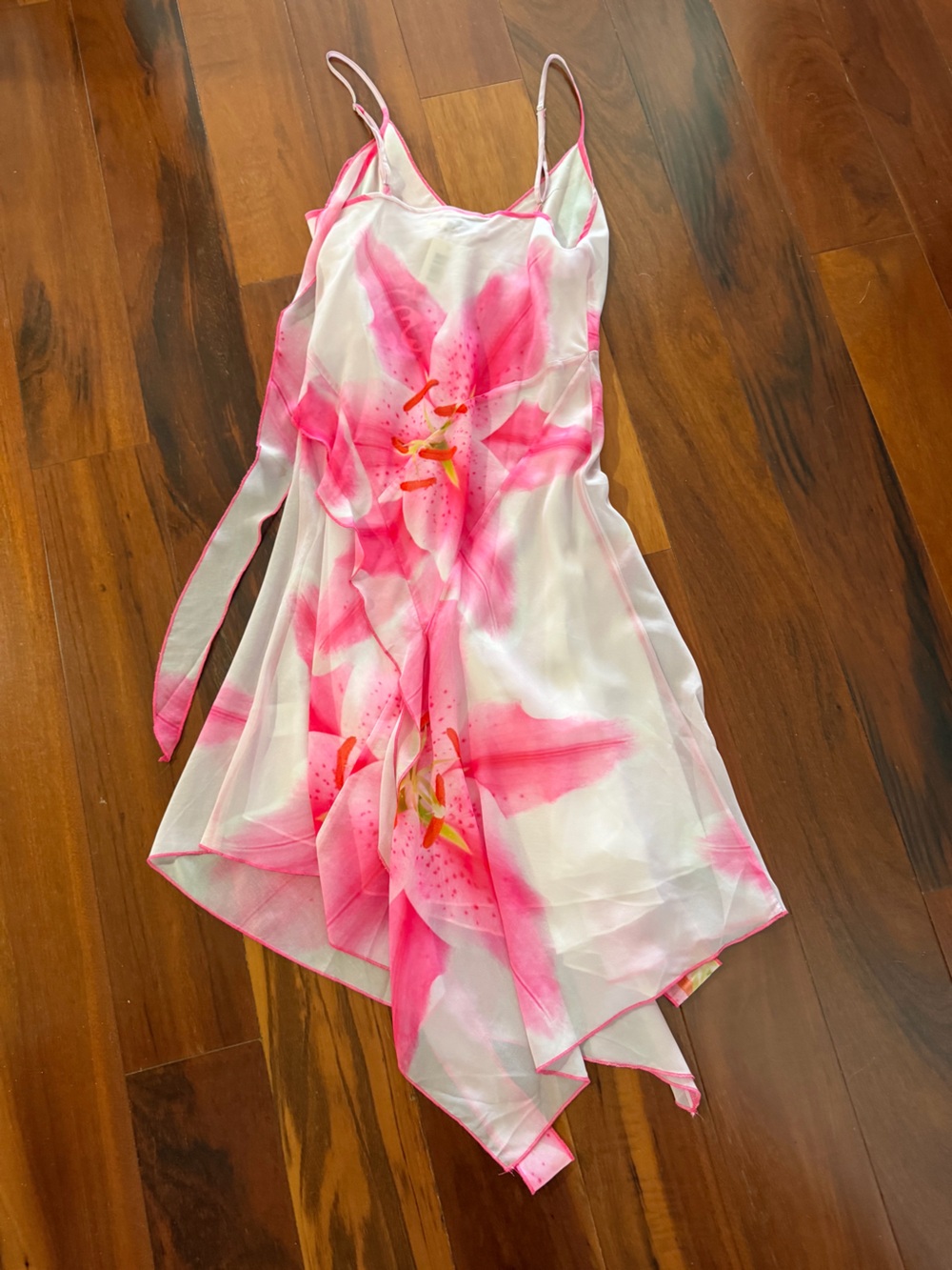 Women's Pink Floral Midi Dress with Handkerchief Hem - Picture 2 of 5